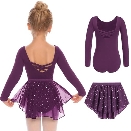 Arshiner Kinder Ballettkleidung Langarm Mädchen Ballettanzug Ballettkleid Zweiteiliges Kinder Balette Kleidung mit Tütü Tanztrikot Kleinkind Ballerina Kleid Dunkelviolett 120 2-3 Jahre von Arshiner