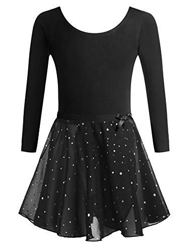 Arshiner Kinder Ballettkleidung Mädchen Ballettkleid Langarm Balletttrikot Ballettanzug Tanzkleid Tanzbody aus Baumwolle mit Chiffon Rock Tütü Schwarz 130 von Arshiner