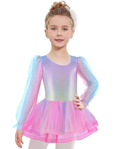 Arshiner Kinder Ballettkleidung Mädchen Baumwolle Langarm Ballettkleid Tanzkleid mädchen Ballettrock Balletttrikot Ballettanzug mit Rock Tütü Regenbogen 120 2-3 Jahre von Arshiner