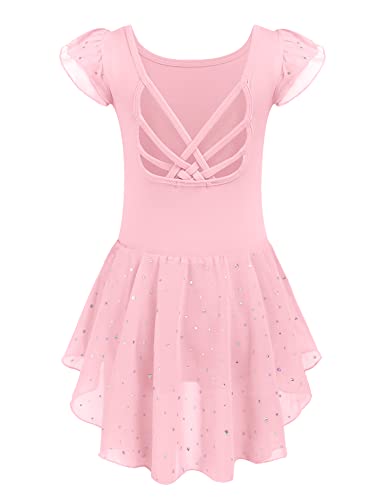 Arshiner Kinder Ballettkleidung Mädchen Baumwolle Tanztrikot Kurzarm Ballettkleid Rosa Ballettanzug Ballerina Kleid mit Irregulär Rock Tütü 130/3-4 Jahre von Arshiner