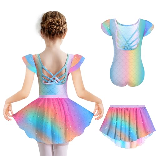 Arshiner Kinder Ballettkleidung Meerjungfrau Sommer Rückenfrei Ballettkleid Baumwolle Kinder Kurzarm Balletttrikot Tanzkleid Ballettanzug Tanztrikot Ballerina Kleid mit Rock Tütü 140/6-7 Jahre von Arshiner
