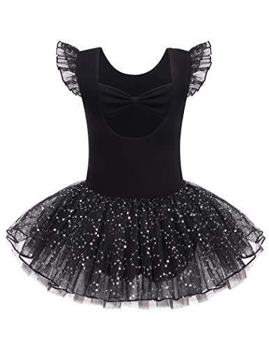 Arshiner Kinder Ballettkleidung Schleifen Mädchen Paillette Ballettkleid Kurzarm Ballettanzug mit Glänzender Tutu-Rock Ballerina-Outfits Schwarz 120 von Arshiner
