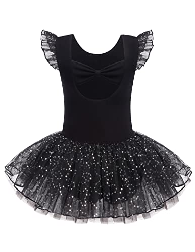 Arshiner Kinder Ballettkleidung Schleifen Mädchen Paillette Ballettkleid Kurzarm Ballettanzug mit Glänzender Tutu-Rock Ballerina-Outfits Schwarz 140 von Arshiner