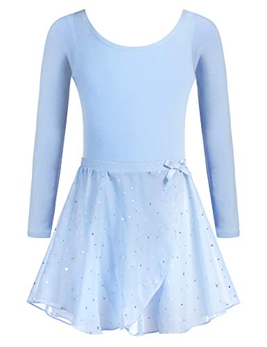 Arshiner Kinder Ballettkleidung Tütü Ballettkleid Mädchen Baumwolle Balletttrikot Langarm Ballettanzug Tanzbody mit Rock Blau 140 von Arshiner