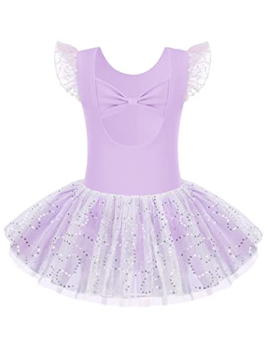 Arshiner Kinder Ballettkleidung Tütü Ballettkleid Mädchen Schleife Baumwolle Balletttrikot kurz Ärmel Ballettanzug Tanzbody mit Glänzender Rock Tütü lila 130 von Arshiner