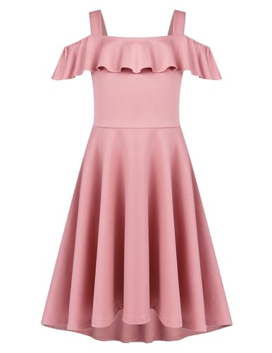 Arshiner Kinder Kleid Sommer Schulterfreikleid Mädchen A Line Swing Kleid Einfarbig High Low Kleid Prinzessinenkleid Skaterkleid mit Tasche Rosa 120/6-7 Jahre von Arshiner