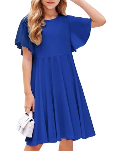 Arshiner Kinder Kleider Sommer Mädchen Kurzarmkleid Casual Baumwollkleid A-Line Swing Kleid Knielanges Kleid Schulanfang Partykleid Blau Frühlingskleidung mit Tasche 120-7Jahre von Arshiner