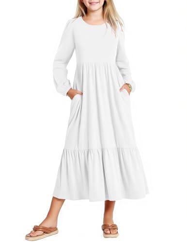 Arshiner Kinder Kleider Weiß Langarm Rüschensaum Kleid Freizeit Kinderkleid Mädchen Partykleid Rundhals Herbst Winterkleid Festliches Abendkleider Halloween Kleider mit Tasche 120/6-7 Jahre von Arshiner