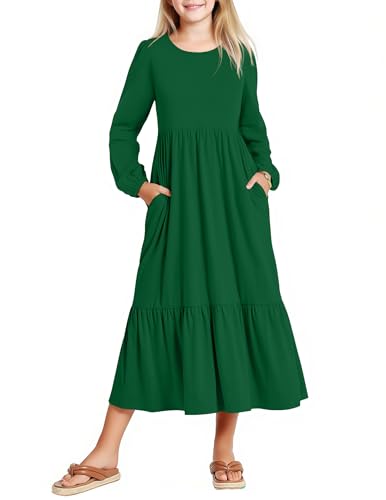 Arshiner Kinder Langarmkleid Grün Weihnachten Kleider Mädchen Partykleid A-Linie Rüschenkleider Herbst Elegant Kinderkleid Winter Ballkleid Lang Festkleid Kinderkleidung 140/10-11 Jahre von Arshiner