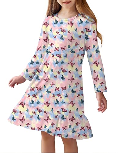 Arshiner Kinder Nachthemd Langarm Mädchen Nachtkleid Schmetterling A-Linie Schlafkleid Rüschen Rocksaum Schlafanzug Rundhals Herbst Nightdress 140/9-10 Jahre von Arshiner