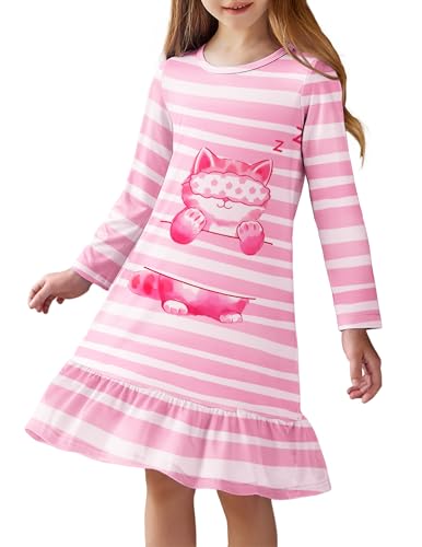 Arshiner Kinder Nachtkleid Rosa Katze Nightdress Mädchen Herbst Winter Nachthemd Langarm Rundhals Schlafkleid A-Linie Rüschen Nachtwäsche Kinderbekleidung 150/11-12 Jahre von Arshiner
