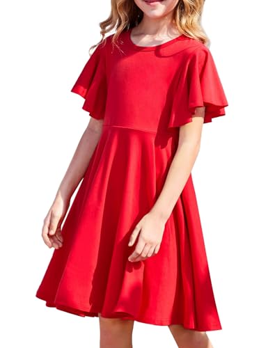 Arshiner Kinder Sommerkleid Mädchen Kurzarm Kleid Festlicheskleid A-Line Skaterkleid Freizeitkleid Prinzessinkleid Weihnachten Rot Kinderkleider mit Tasche 120-7Jahre von Arshiner