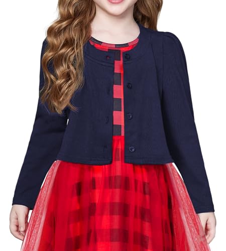 Arshiner Kinder Strickjacke Dunkelblau Knopfleiste Bolero Puffärmel Cardigan Lässiges Schulterjacke 120/5-6 Jahre von Arshiner