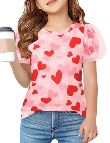 Arshiner Kinder T-Shirt Rot Herzform Tunika Puffärmel Bluse Freizeit Sommer Oberteile Mädchen Einschulung Shirts Rundhals Tops Mädchenkleidung 160/13-14 Jahre von Arshiner