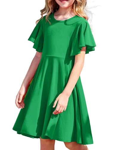 Arshiner Kleid Kinder Mädchen Kleider Schmetterlingsärmel Partykleid Rundhalsausschnitt Freizeitkleid Einfarbiges Baumwollkleid Grün A-Line Kleid Schulanfang Swing Kleid mit Tasche 120-7Jahre von Arshiner