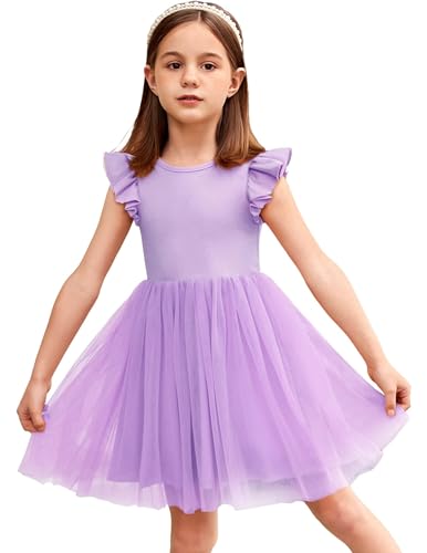 Arshiner Kleid Kleinkind Mädchen Fliegenden Ärmeln Sommerkleid Rundhals Tüllkleid A-Line Prinzessin Tutu Kleid Schulanfang Party Kinderkleider Violett 110/5-6Jahre von Arshiner