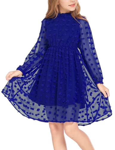 Arshiner Kleid Mädchen 5-13 Jahre Kinder Chiffon Langarmkleid Freizeitkleid Partykleid Festlich Hochzeit A-Linie Rundhals Kleid Königsblau 120 von Arshiner