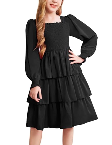 Arshiner Kleid Mädchen 6-13 Jahre Kinder Chiffon Gesmoktes Langarmkleid Freizeitkleid Partykleid Festlich Hochzeit A-Linie Gestuftes Kleid Schwarz 120 von Arshiner