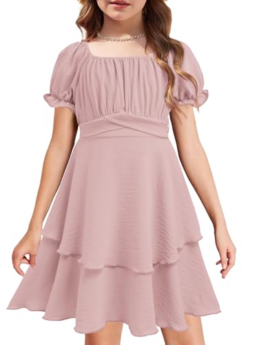 Arshiner Kleid Mädchen Eckiger Kragen Sommerkleider Puffärmel Rüschenkleid Rosa Chiffonkleid Ballkleider Kinder Konfirmationskleider Festkleider mit Gürtel 5-6 Jahre von Arshiner