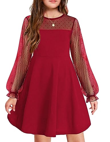 Arshiner Kleid Mädchen Festlich Hochzeit Party Langarmkleid Freizeitkleid Prinzessinkleider Kinder Teenager Kleidung Weinrot 120 6-7 Jahre von Arshiner