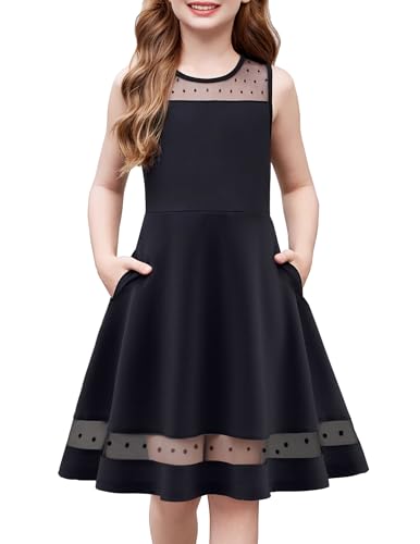 Arshiner Kleid Mädchen Festlich Sommerkleid Kinder Schwarz Meshkleid Ärmelloses A-Linie Partykleid Einschulungskleider Freizeitkleid mit Taschen 11-12 Jahre von Arshiner
