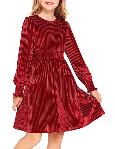Arshiner Kleid Mädchen Freizeitkleid Langarm Samtkleid Vintage Herbstkleid Weihnachtskleid Rot Partykleid Prinzessin Einfarbig Winterkleid 6-7 Jahre von Arshiner