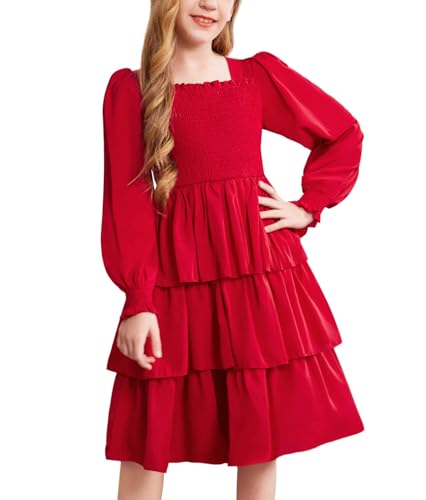 Arshiner Kleid Mädchen Gedruckt A-Linie Prinzessin Freizeitkleid Langarmkleid Partykleid Festlich Urlaubskleider Ballkleid Abendkleid Weihnachtskleid für Mädchen Weinrot 6-13 Jahre 130 von Arshiner