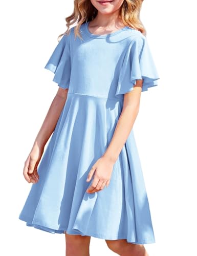 Arshiner Kleid Mädchen Kurzarm Sommerkleid Baumwolle Kinderkleider A-Line Partykleid Swing Kleid Schulanfang Freizeitkleid Himmelblau kinderkleidung mit Tasche 160-13Jahre von Arshiner