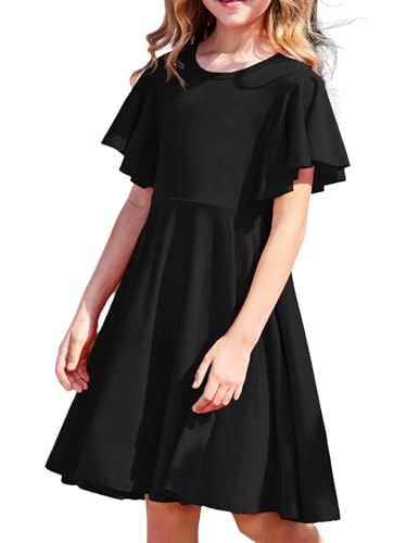 Arshiner Kleid Mädchen Kurzarm Sommerkleid Baumwolle Kinderkleider A-Line Partykleid Swing Kleid Schulanfang Freizeitkleid Schwarz kinderkleidung mit Tasche 1409-10Jahre von Arshiner