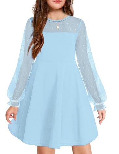 Arshiner Kleid Mädchen Langarm Party Kleider Freizeitkleid Kinder Rundhals Beiläufig Knielang Langarmkleid für Mädchen Blau 165 von Arshiner