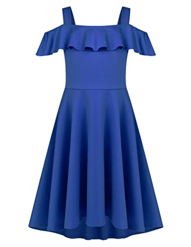 Arshiner Kleid Mädchen Off Shoulder Sommerkleid A Linie Partykleid Elagante Swing Kleid Casual Eckiger Ausschnitt Strapskleid mit Rüschen Kinder Abschlussballkleid Blau 130/8-9 Jahre von Arshiner