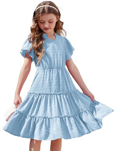 Arshiner Kleid Mädchen Sommer Kinder Kleid mit Rüschenärmel Elegante Partykleid V-Ausschnitt Kurzarmkleid Midikleid Blau 7-8 Jahre von Arshiner