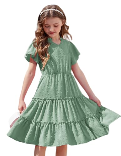 Arshiner Kleid Mädchen Sommer Kinder Kleid mit Rüschenärmel Elegante Partykleid V-Ausschnitt Kurzarmkleid Midikleid Grün 10-11 Jahre von Arshiner