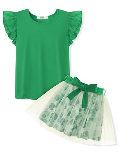 Arshiner Mädchen Sommer Kleid Outfit Rüschenärmel Grün T-Shirt mit Tüllrock Set Festliche Kinderkleid Einschulungskleid Kleidungsset Kinder Freizeit Party Kleidung für Mädchen mit Gürtel 90/3-4 Jahre von Arshiner