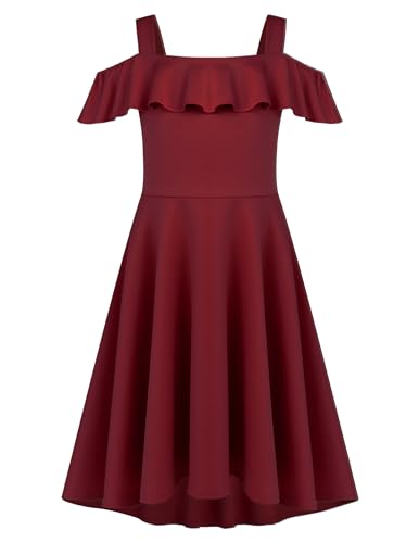 Arshiner Kleid Mädchen Sommerkleider Off Shoulder Kinder Kleider Jugendliche Festlicheskleid Abendkleider A Line Partykleid Rot 120/6-7 Jahre von Arshiner