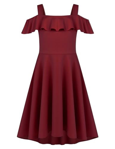 Arshiner Kleid Mädchen Sommerkleider Off Shoulder Kinder Kleider Jugendliche Festlicheskleid Abendkleider A Line Partykleid Rot 160/12-13 Jahre von Arshiner