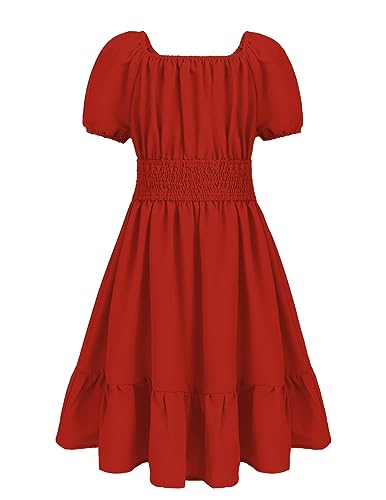 Arshiner Kleid Mädchen A-Linie Sommerkleider Puffärmel Freizeitkleid A-Linie Urlaubskleider Kinder Abendkleid Ballkleid Rot 152 von Arshiner