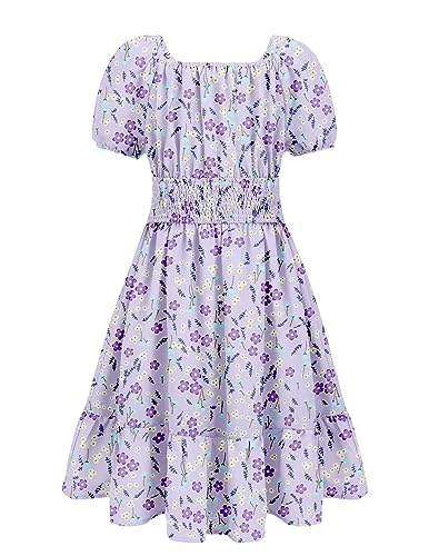 Arshiner Kleid Mädchen Kinder Puffärmel Sommerkleider Blumenkleid Lila Freizeitkleid A-Linie Taillenkleid Mädchenkleid Urlaubskleider 152 von Arshiner