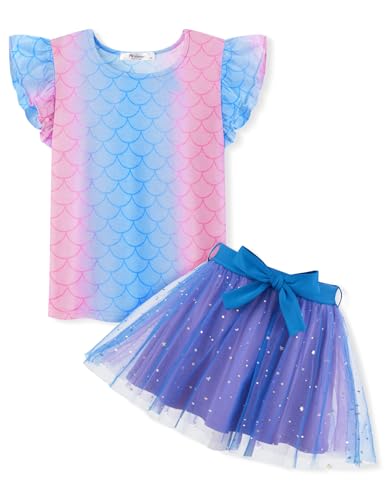 Arshiner Mädchen Kleid Set Meerjungfrau Bekleidungssets Hochzeit Geburtstag Kinder Sommer Outfit Festlichkleid Rundhals Kinderkleid Einschulungskleid Mädchenkleidung mit Gürtel 110/5-6 Jahre von Arshiner