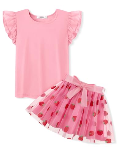 Arshiner Mädchen Bekleidungssets Sommer Kurzarm Kleid Set Rosa Tshirt mit Rock Lässige Kinderkleid Mode Elegant Abendkleid Kinder Kleidungsset Party Festliche Kinderkleidung mit Gürtel 100/4-5 Jahre von Arshiner