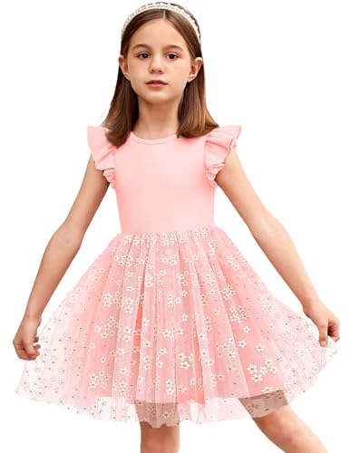 Arshiner Kleid für Mädchen Blumen Kleinkindkleid Sommerkleid Kinder Tüllkleid Festlich Geburtstagskleid Partykleid Blumenmädchenkleid Rosa 90/3-4 Jahre von Arshiner