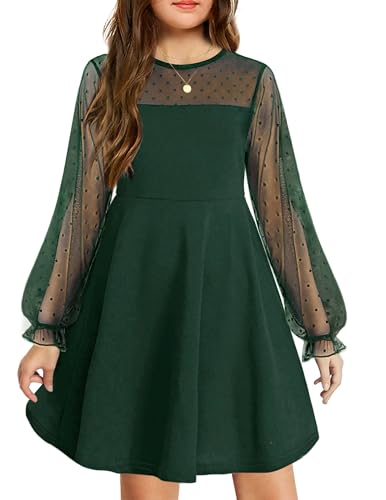 Arshiner Kleid für Mädchen Langarm Festlich Party Elegant Langarmkleid Prinzessinkleid Meshkleider Kinder Knielang Grün 140 9-10 Jahre von Arshiner