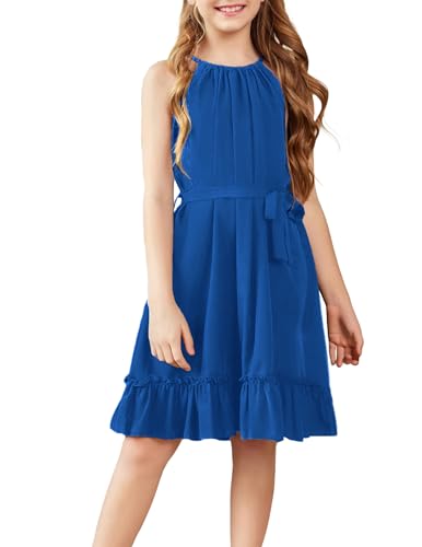 Arshiner Kleider Mädchen Blau Sommerkleid A-Linie Casual Kleider Geburtstagskleid Kinder Ärmelloses Kleid Einfarbig Einschulungskleid Lässiges Kinderkleid Partykleider mit Gürtel 130/7-8 Jahre von Arshiner