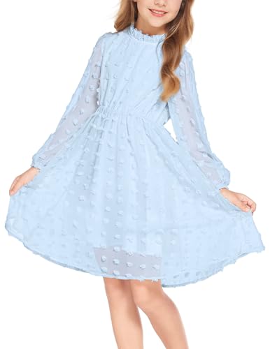 Arshiner Kleider Mädchen Elegant Rüschenkragen Freizeitkleid Langarmkleid Partykleid Festlich Hochzeit A-Linie Lässiges Kleid für Mädchen Blau 150 von Arshiner