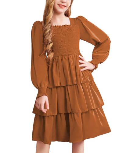Arshiner Kleider Mädchen Gestuftes Langarmkleid Kinder Gesmoktes Prinzessinkleid Partykleid Langarm Festliches Herbst Winter Kleid mit Laternenärmel Braun 130 von Arshiner