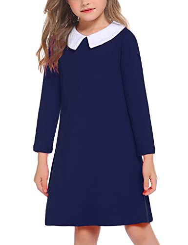 Arshiner Kleider Mädchen Peter Pan Kragen Kinderkleid Langarm Baumwollekleid A-Linie Midikleid Einfarbig Festlichkleid Blau 130/8-9 Jahre von Arshiner