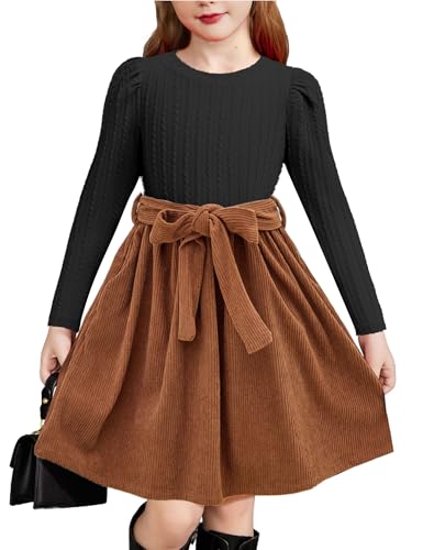 Arshiner Kleider Mädchen Puff Langärmel Kleid Kinder Herbst Winter A-Linie Midikleid Freizeitkleid Prinzessinkleid Rippstrick Kariert Patchwork Schwarz/Braun 130 7-8 Jahre von Arshiner