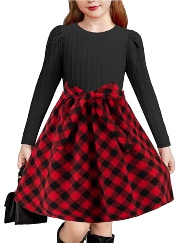 Arshiner Kleider Mädchen Puff Langarm Kinderkleid Rippstrick Kariert Patchwork Festlich Freizeitkleid Herbstkleid Winterkleid für Teenager Mädchen Schwarz/Rot kariert 160 13-14 Jahre von Arshiner