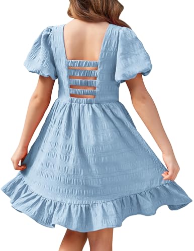 Arshiner Kleider Mädchen Puffärmel Prinzessin Sommerkleid rückenfreies Kinderkleid fest Kommunions festlich Party Kleid Blau 14 von Arshiner