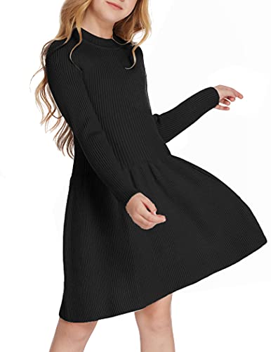 Arshiner Kleider Mädchen PulloverKleid Herbst Winter Kleid Langarm Strickkleid Flare Skater Kleid A-Linie Einfarbig Basic Kinder Freizeitkleid Schwarz 140 von Arshiner